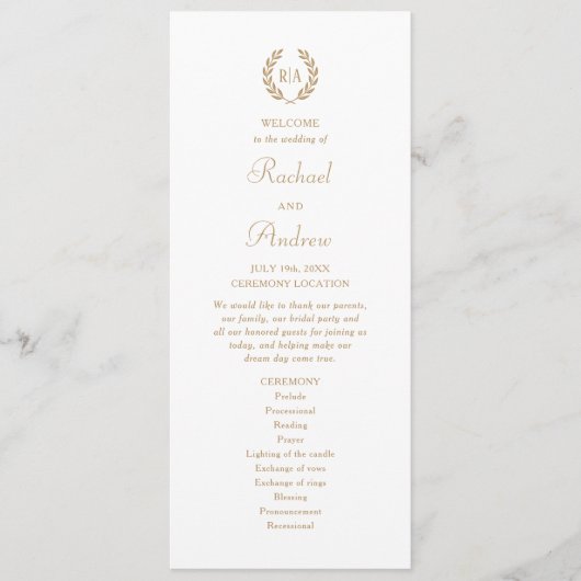 Elegante Monogram Gold White Wedding Timeline Flat Programm (Vorderseite)