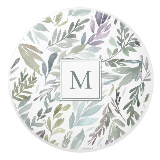 Elegante Monogram Green Blue Botanical Watercolor Keramikknauf (Vorderseite)