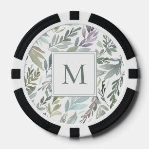 Elegante Monogram Green Blue Botanical Watercolor Pokerchips