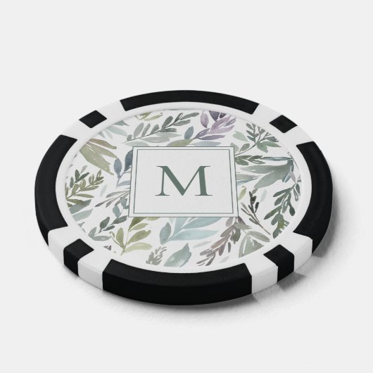 Elegante Monogram Green Blue Botanical Watercolor Pokerchips (Einzeln)
