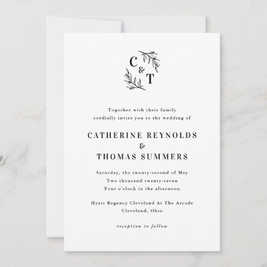 Elegante Monogram Greenerity Blätter Wedding Einladung (Vorderseite)