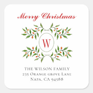 Elegante Monogram Greenery Holiday Rücksendeadress Quadratischer Aufkleber
