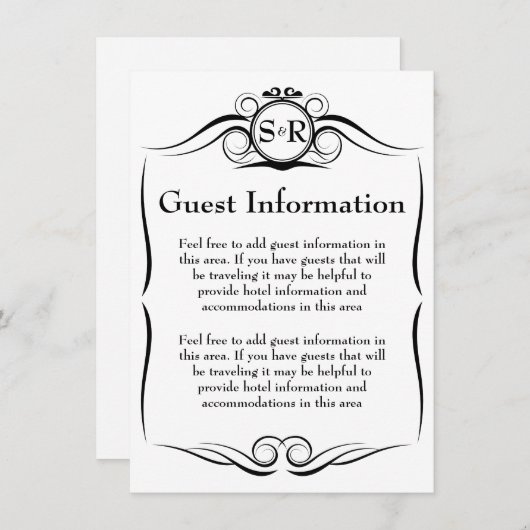 Elegante Monogram Guest Information Card Begleitkarte (Vorne/Hinten)