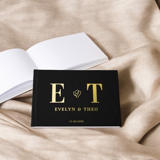 Elegante Monogram Heart Black Wedding Gästebuch