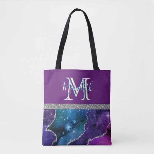 Elegante Monogram I Lila Aquamarin Agate Silver Tasche (Vorderseite)