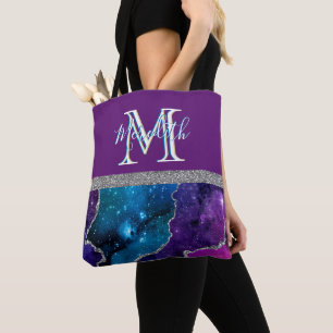 Elegante Monogram I Lila Aquamarin Agate Silver Tasche