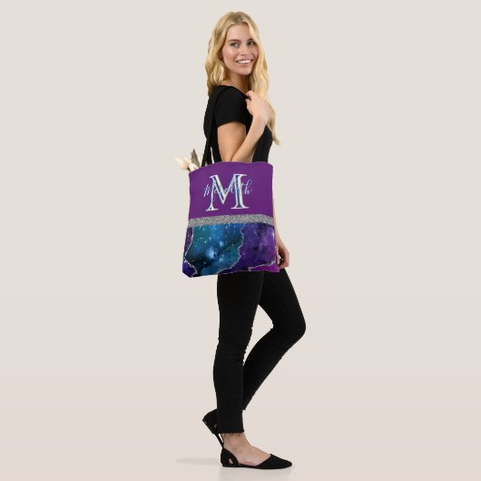 Elegante Monogram I Lila Aquamarin Agate Silver Tasche (Am Model)