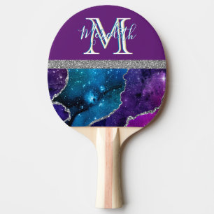 Elegante Monogram I Lila Aquamarin Agate Silver Tischtennis Schläger
