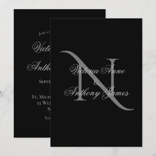 Elegante Monogram Initial Black Wedding Einladung