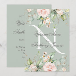 Elegante Monogram Initial Floral Sage Green Weddin Einladung