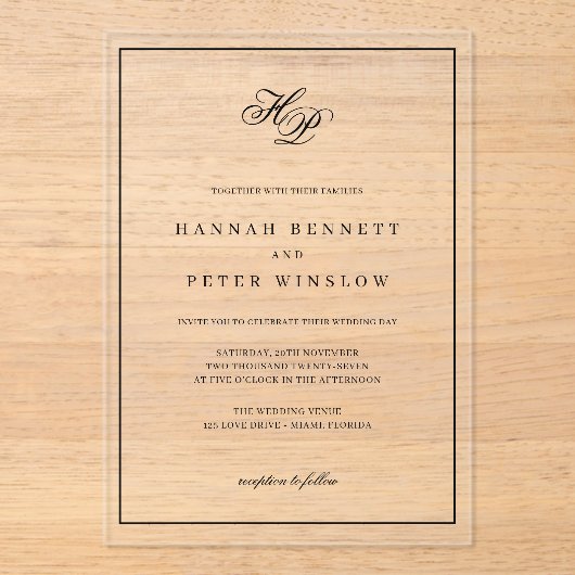 Elegante Monogram-Initials Black Frame Wedding Acryleinladungen (Vorderseite)