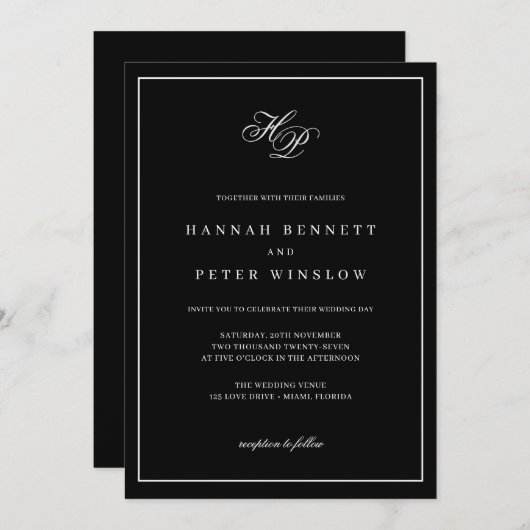 Elegante Monogram-Initials Black Frame Wedding Einladung (Vorne/Hinten)