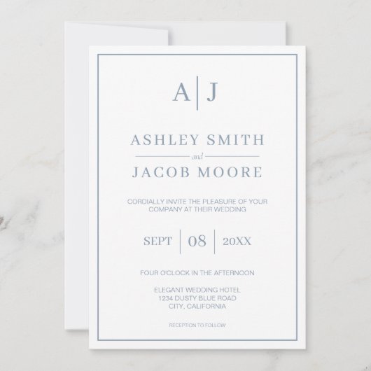 Elegante Monogram Initials Dusty Blue Wedding Einladung (Vorderseite)
