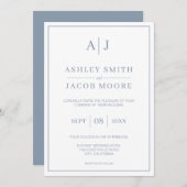 Elegante Monogram Initials Dusty Blue Wedding Einladung (Vorne/Hinten)