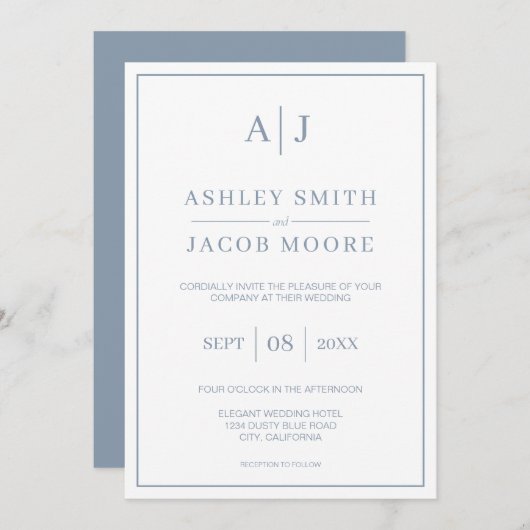 Elegante Monogram Initials Dusty Blue Wedding Einladung (Vorne/Hinten)