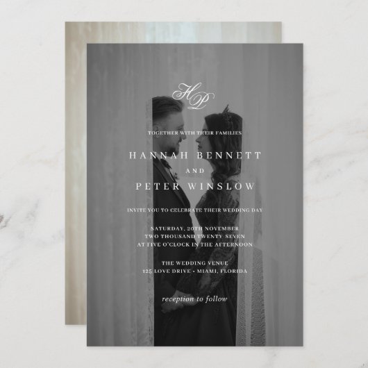 Elegante Monogram Initials Minimale Foto Hochzeit Einladung (Vorne/Hinten)