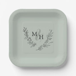 Elegante Monogram Laurel Wreath Sage Wedding Pappteller
