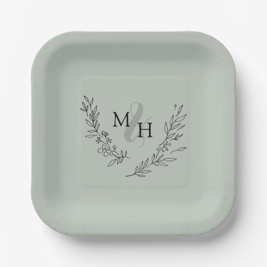 Elegante Monogram Laurel Wreath Sage Wedding Pappteller (Vorderseite)