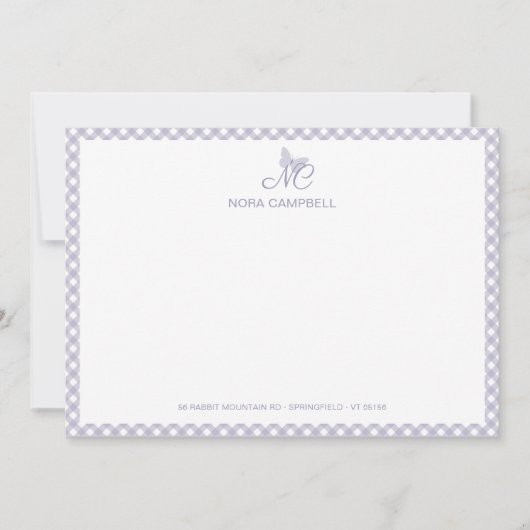 Elegante Monogram Lavender Gingham Note Card Mitteilungskarte (Vorderseite)