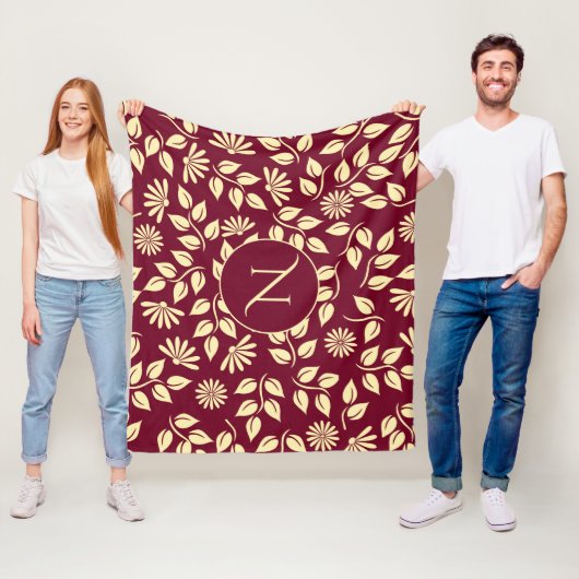 Elegante Monogram Leaf Daisy Muster Burgundy Bath Fleecedecke (Beispiel)