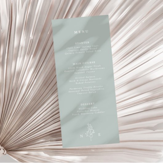 Elegante Monogram Leaf Sage Green Wedding Menükarte