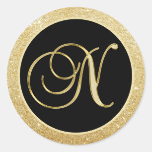 Elegante Monogram Letter N Black Gold Glitzer Sieg Runder Aufkleber