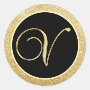 Elegante Monogram Letter V Black Gold Glitzer Sieg Runder Aufkleber