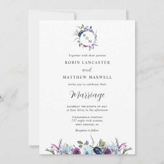 Elegante Monogram Lila und Blue Wedding Einladung (Vorderseite)