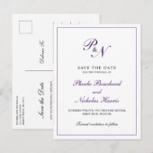 Elegante Monogram Lila Wedding Save the Date Ankündigungspostkarte (Vorne/Hinten)
