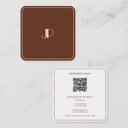 Elegante Monogram Luxury Premium Linen Terracotta Quadratische Visitenkarte (Vorne/Hinten)