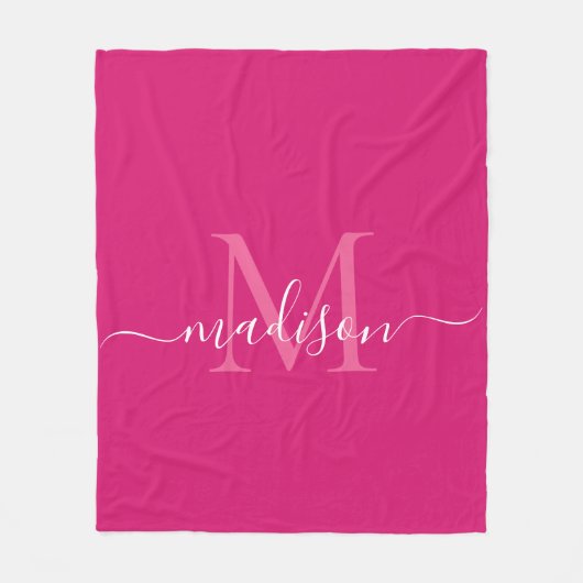Elegante Monogram Magenta Pink White Modern Script Fleecedecke (Vorderseite)