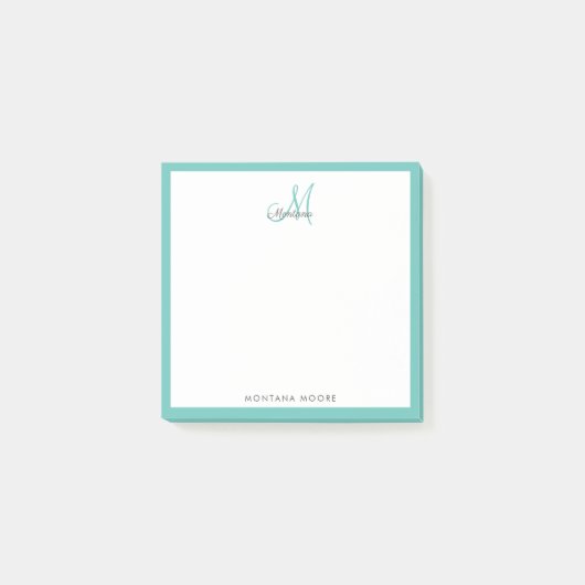 Elegante Monogram Modern Simple Girly Aquamarin Post-it Klebezettel (Vorderseite)