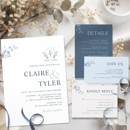 Elegante Monogram Moderne Minimal Blue Wedding Inv Einladung