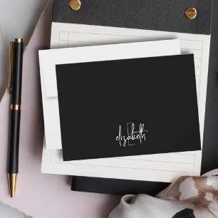 Elegante Monogram Name Black Gold Script Note Card Mitteilungskarte