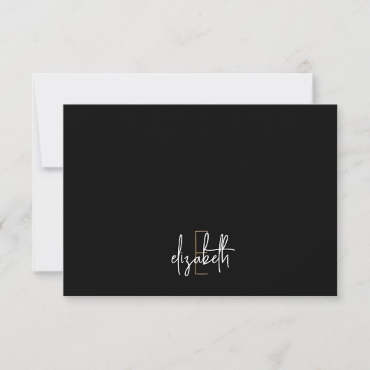 Elegante Monogram Name Black Gold Script Note Card Mitteilungskarte (Vorderseite)