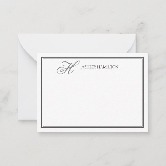 Elegante Monogram Name Black Gray Note Card Mitteilungskarte (Vorderseite)