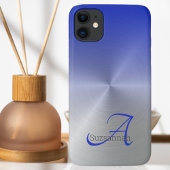 Elegante Monogram Name Blue Ombre Imitats Metal Case-Mate iPhone Hülle