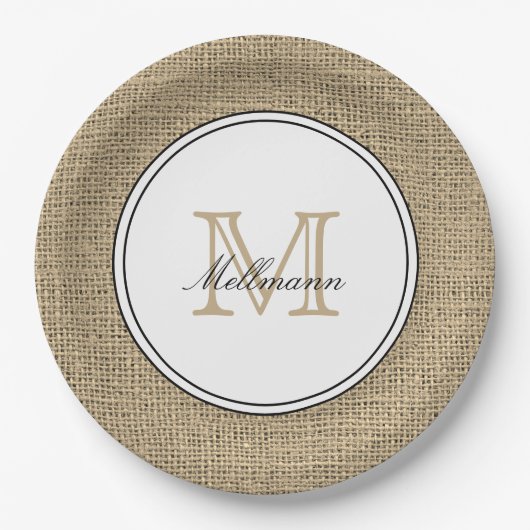 Elegante Monogram Name Country Chic Style Burlap Pappteller (Vorderseite)