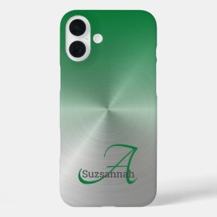 Elegante Monogram Name Green Ombre Imitate Metal iPhone 16 Plus Hülle