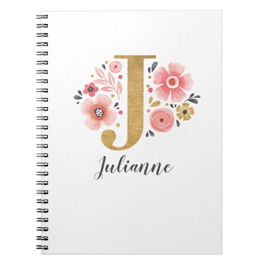 Elegante Monogram Name Pink Gold Floral Script Notizblock (Vorderseite)
