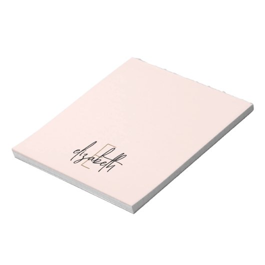 Elegante Monogram Name Pink Gold Script Notizblock (Rotiert)