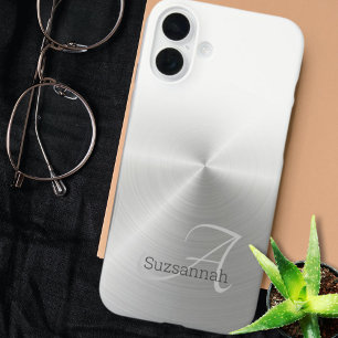 Elegante Monogram Name White Ombre Imitate Metal iPhone 16 Plus Hülle