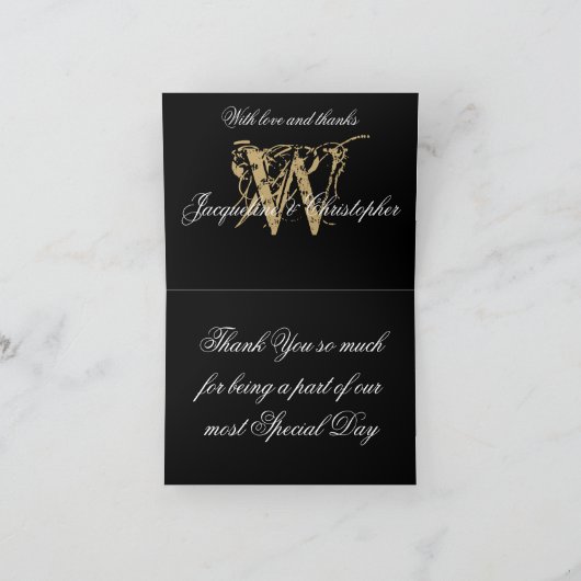 Elegante Monogram-Namen Schwarzes Gold geklappt Dankeskarte (Innenseite)