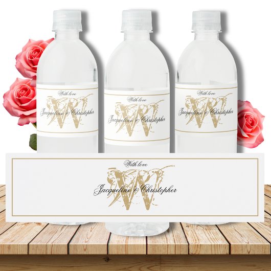 Elegante Monogram Names Chic White & Gold Wedding Wasserflaschenetikett