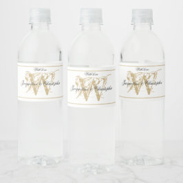Elegante Monogram Names Chic White & Gold Wedding Wasserflaschenetikett