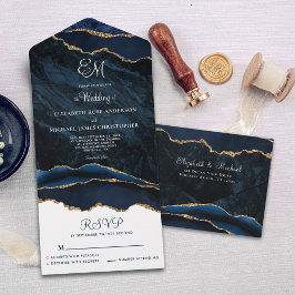 Elegante Monogram Navy Blue Agate Hochzeit All In One Einladung