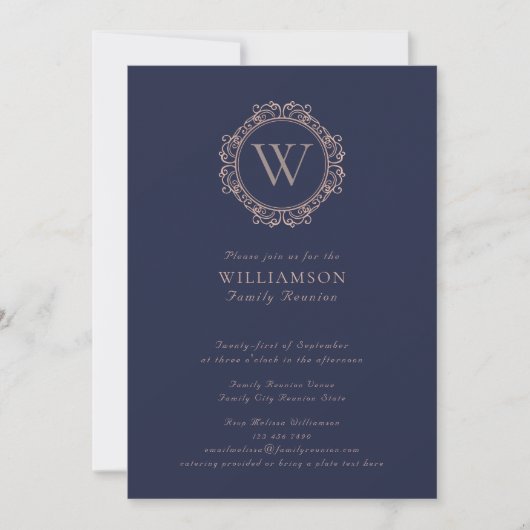 Elegante Monogram Navy Blue Family Wiedersehen Einladung (Vorderseite)