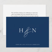 Elegante Monogram Navy Blue Wedding Dankeskarte (Vorne/Hinten)