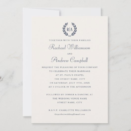 Elegante Monogram Navy Blue Wedding Einladung (Vorderseite)