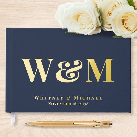 Elegante Monogram Navy Blue Wedding Gästebuch